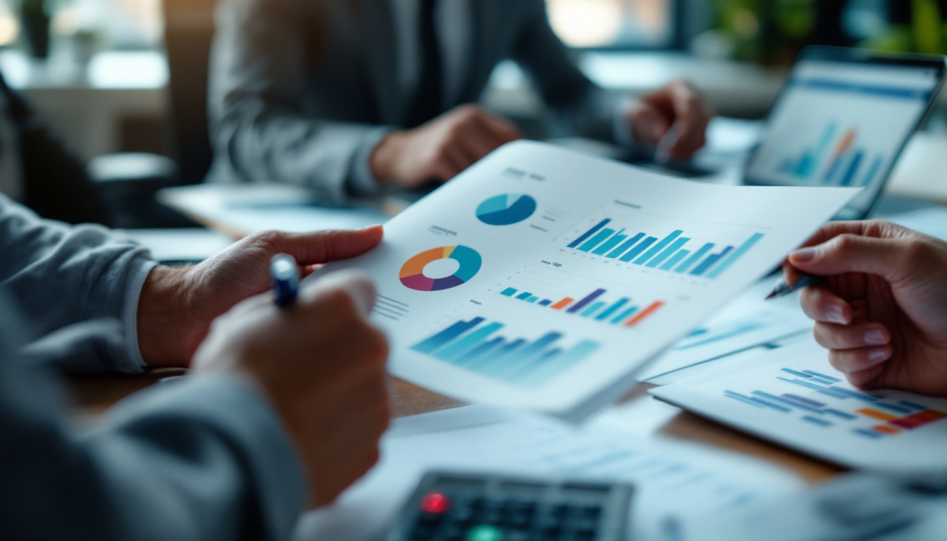 Empresário preocupado analisando relatórios financeiros com uma calculadora ao lado. 2