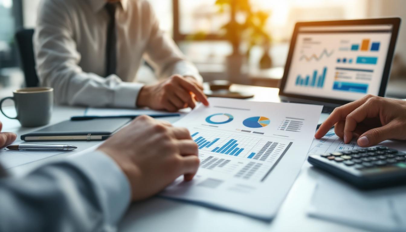 Profissionais discutindo relatórios financeiros em um escritório moderno 1
