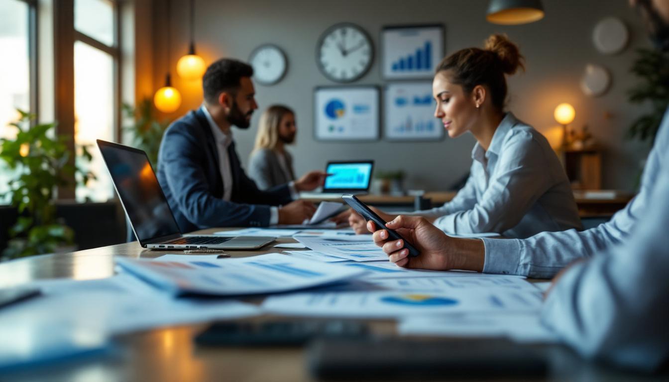 Profissionais discutindo relatórios financeiros em um escritório moderno 2