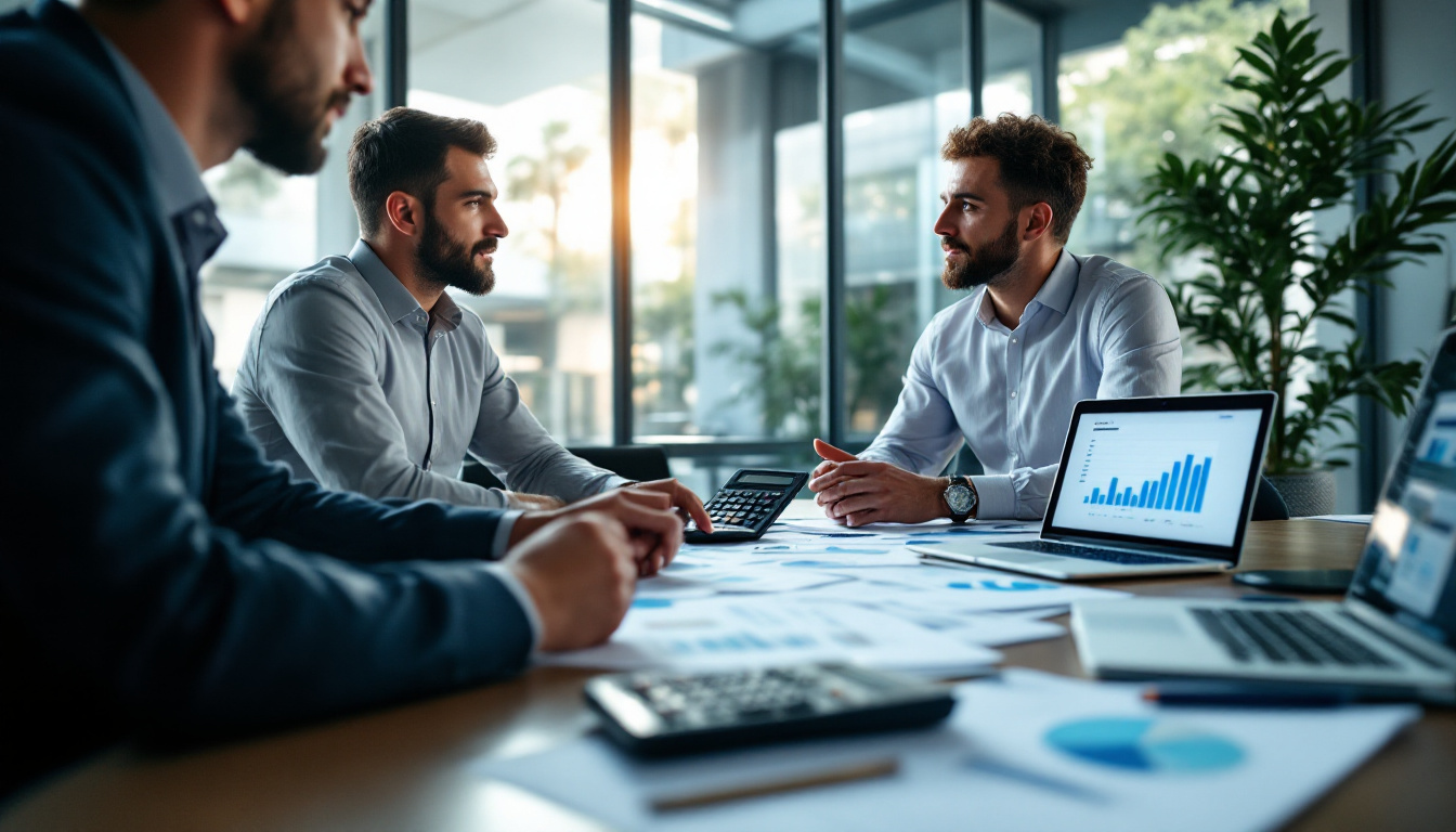 Empresário analisando relatórios fiscais com um contador em um escritório moderno 2