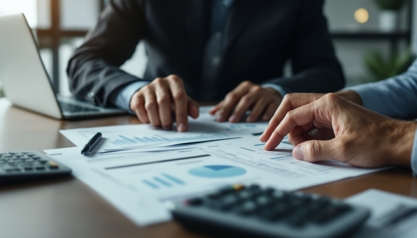 Profissionais discutindo relatórios financeiros em um escritório moderno. 1