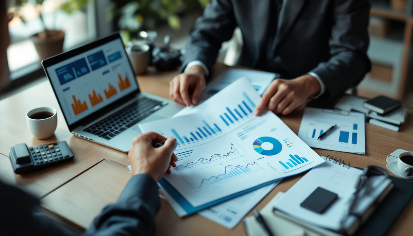 Profissionais discutindo relatórios financeiros em um escritório moderno. 2