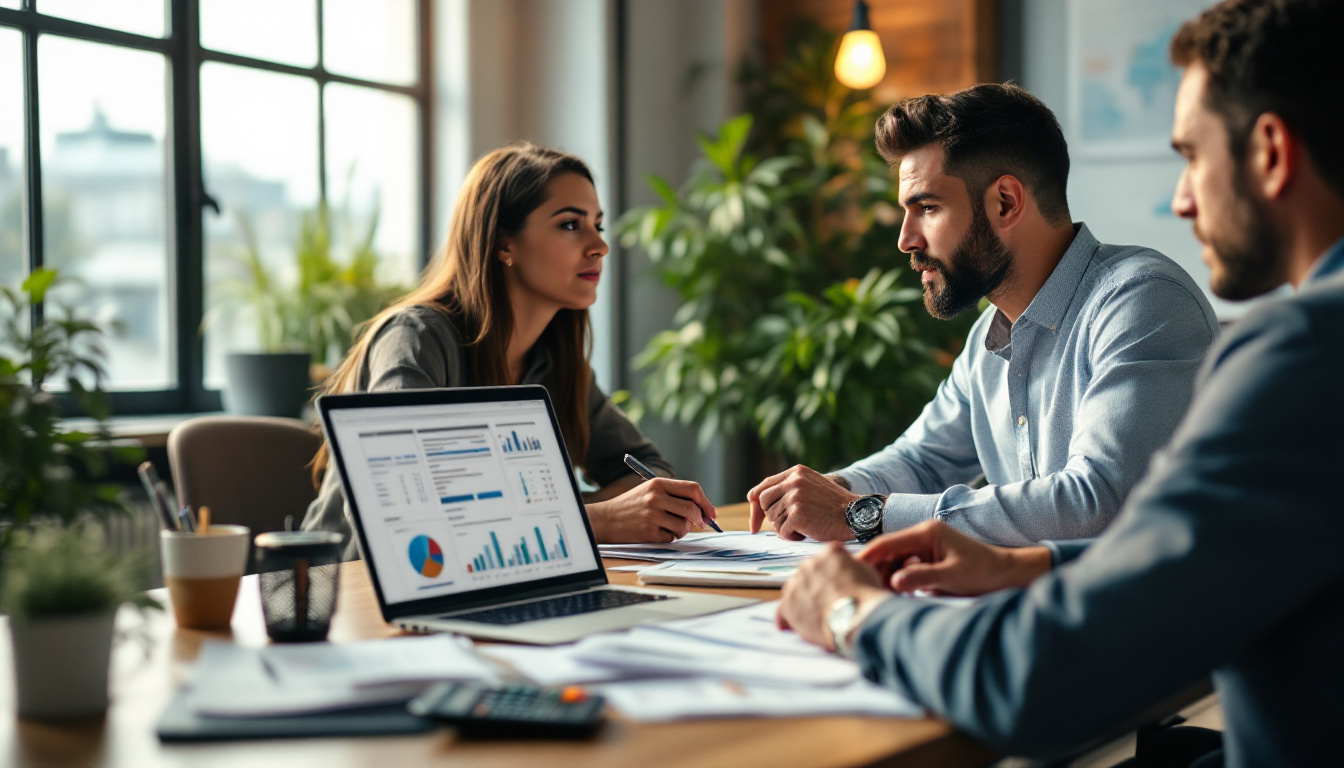 Uma equipe de contabilidade discutindo relatórios financeiros em um escritório moderno 1