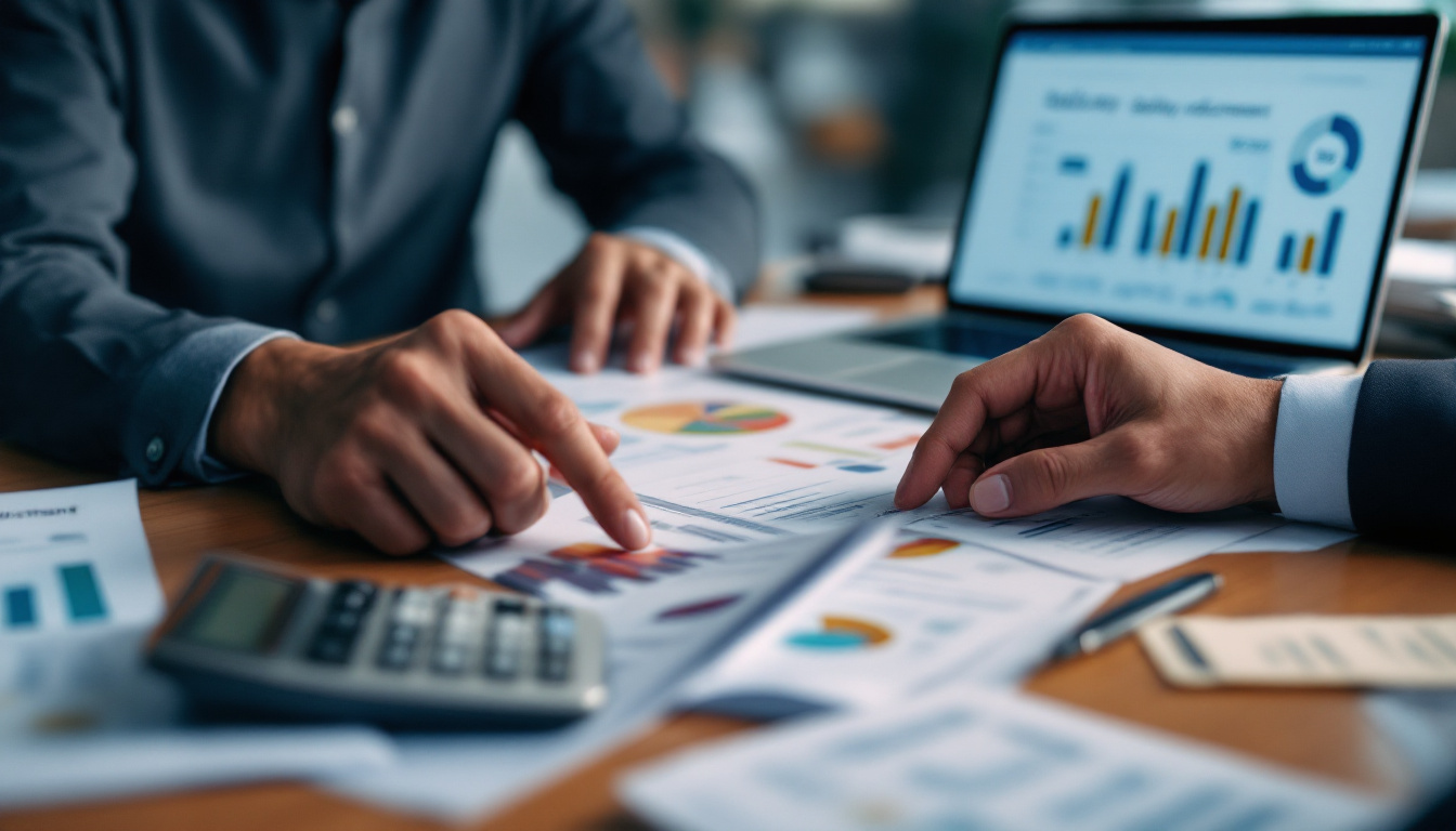Uma equipe de contabilidade discutindo relatórios financeiros em um escritório moderno 2