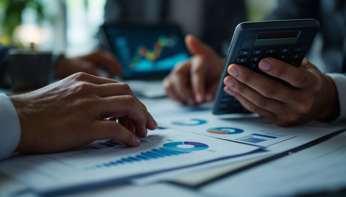 Profissionais discutindo relatórios financeiros em um escritório moderno 1