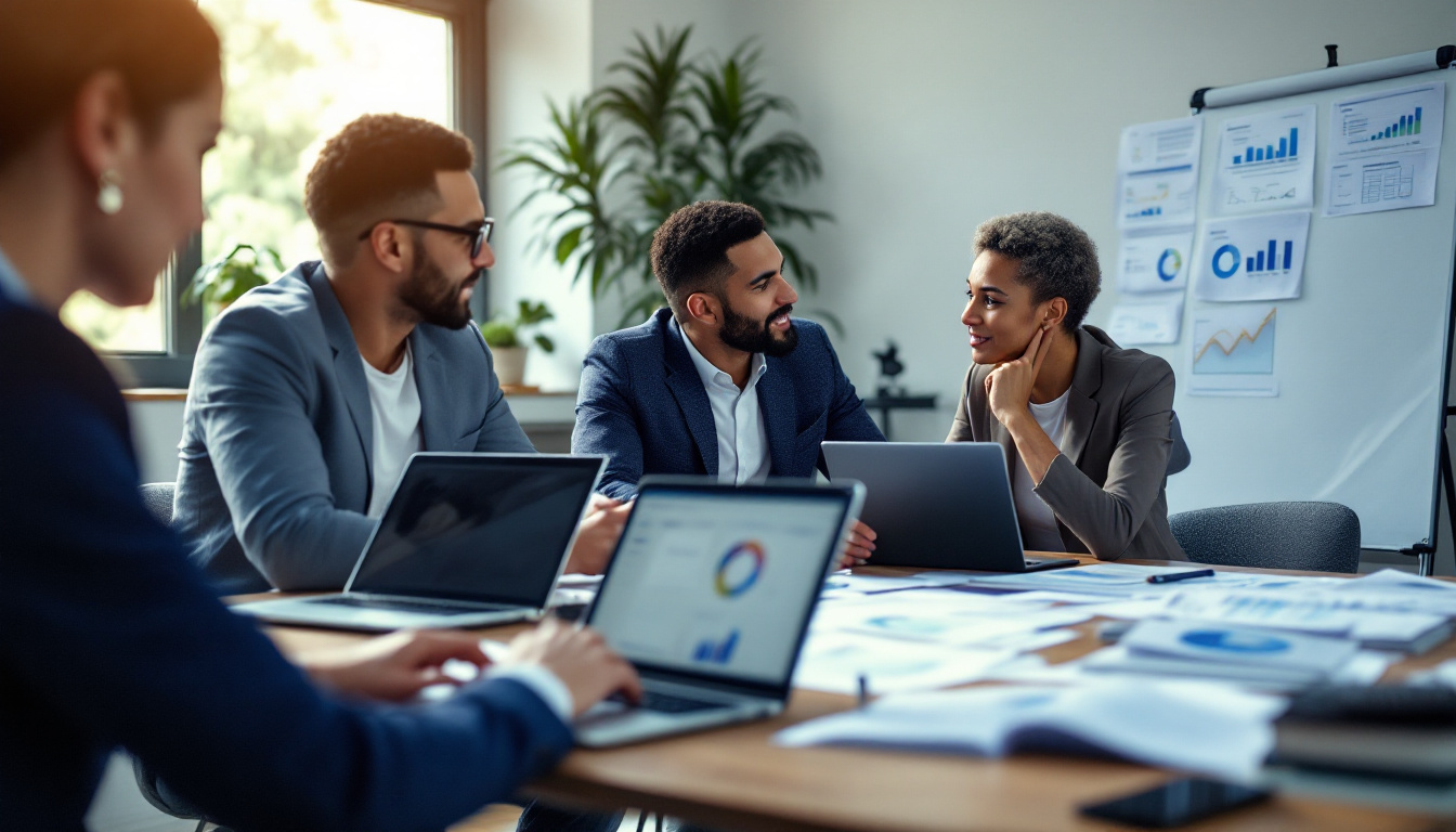 Profissionais discutindo relatórios financeiros em um escritório moderno 2