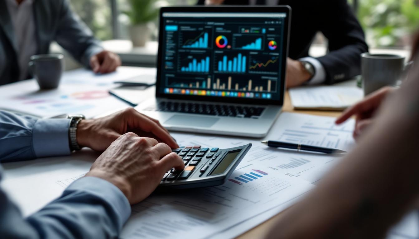 Empresário analisando relatórios financeiros digitais em um laptop. 1