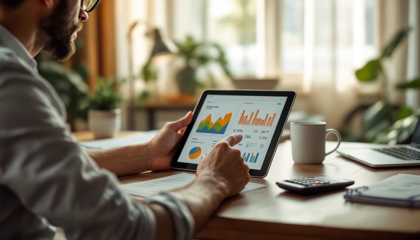 Empresário analisando relatórios financeiros digitais em um laptop. 2