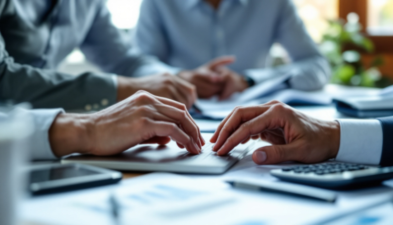 Profissionais discutindo relatórios financeiros em um escritório moderno. 1