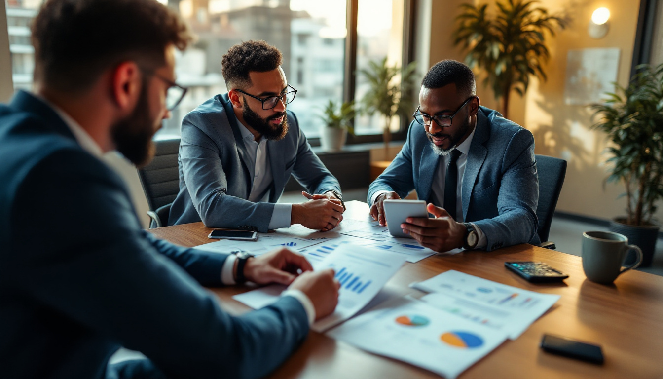 Profissionais discutindo relatórios financeiros em um escritório moderno. 2