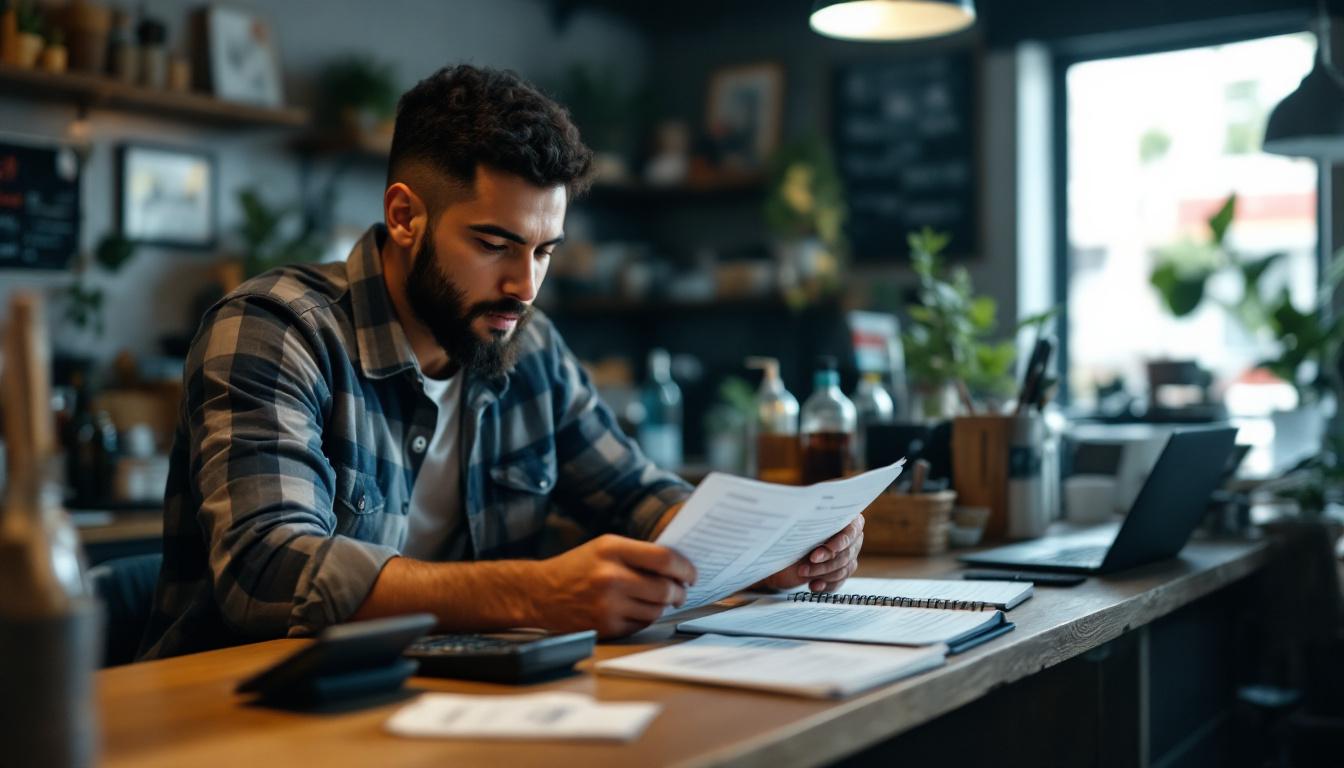 Foto de um microempreendedor individual brasileiro revisando documentos fiscais e usando uma calculadora.