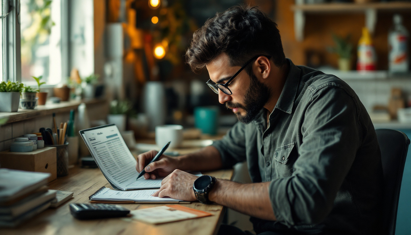 Microempresário brasileiro avaliando opções de microcrédito em seu home office.