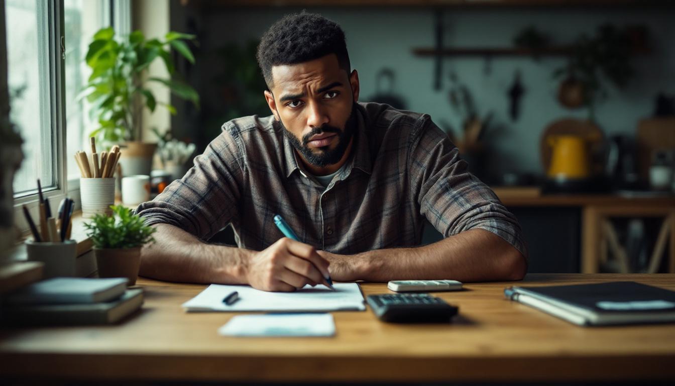 MEI preocupado com finanças, revisando planilhas, calculadora e notas fiscais no balcão.